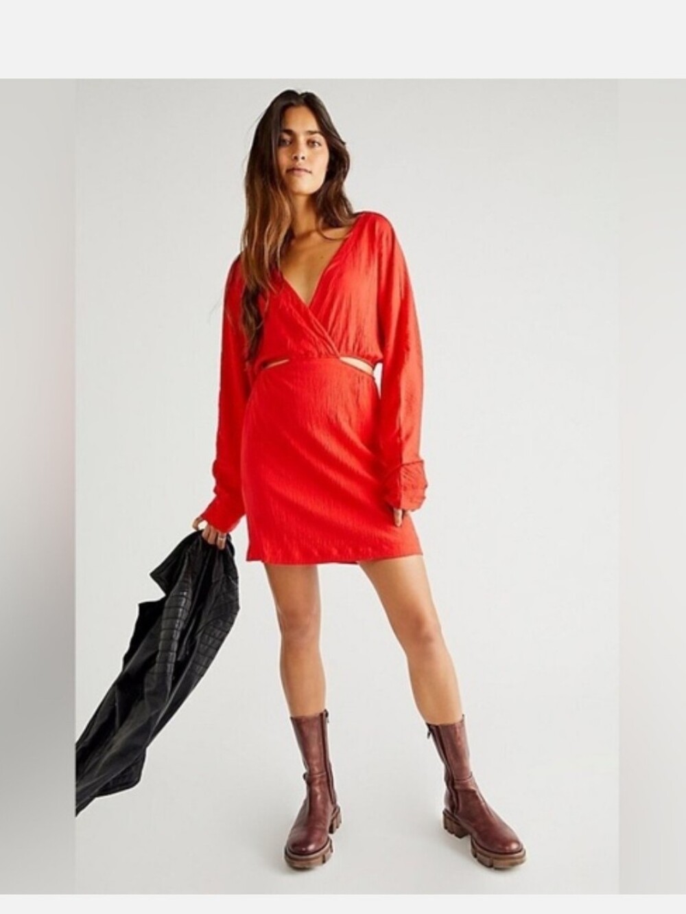 Free People Beach Stasia Textured Mini Dress With Cut Out Detail in red
